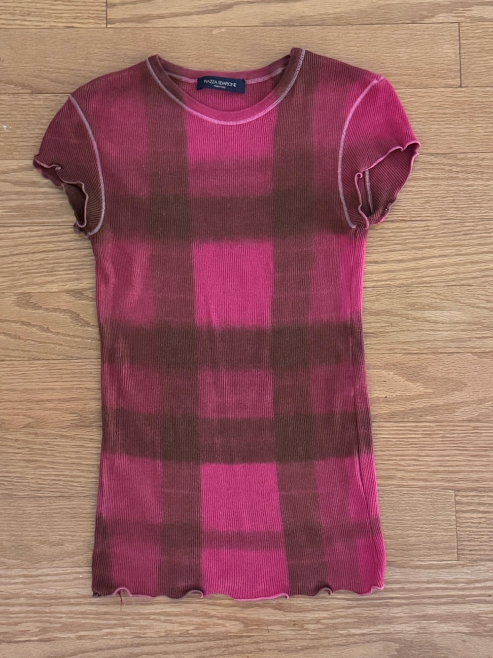 Piazza Sempione Pink & Brown Plaid Ribbed Tee